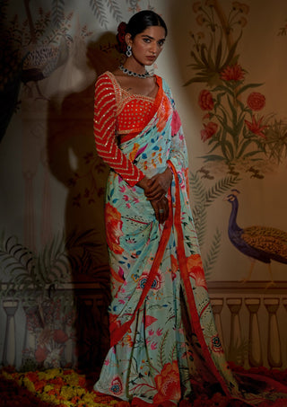 Aayushi Maniar-Aqua Gulzar Sari And Blouse-INDIASPOPUP.COM