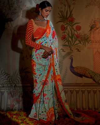Aayushi Maniar-Aqua Gulzar Sari And Blouse-INDIASPOPUP.COM