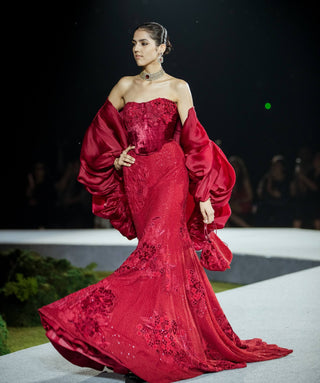 Red audrey lehenga and cape set