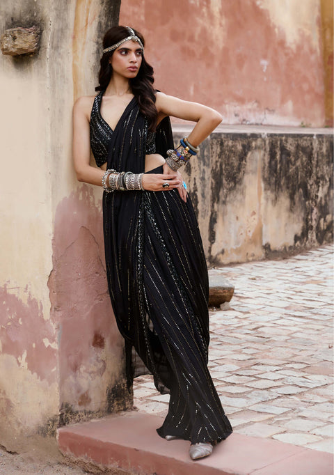 Black satin saree gown with fancy fabric bodice and draped pallo only on  Kalki