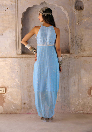 Chamee And Palak-Adina Hazel Blue Cowl Dress-INDIASPOPUP.COM