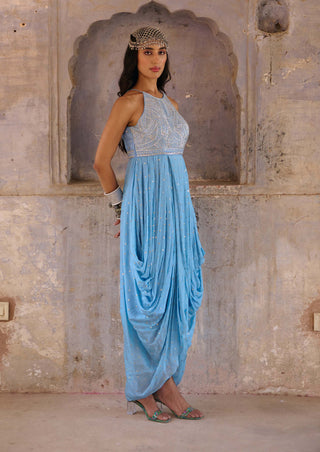 Chamee And Palak-Adina Hazel Blue Cowl Dress-INDIASPOPUP.COM
