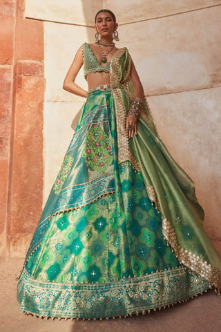 Green Banarsi Lehenga Set by Aditi Gupta available on Indiaspopup.com