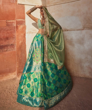 Green Banarsi Lehenga Set by Aditi Gupta available on Indiaspopup.com