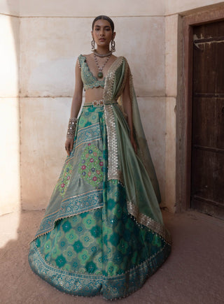 Green Banarsi Lehenga Set by Aditi Gupta available on Indiaspopup.com