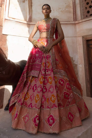 Coral Banarsi Chanderi Lehenga Set by Aditi Gupta available on Indiaspopup.com