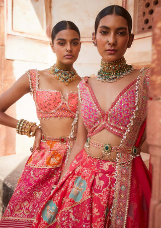 Coral Banarsi Chanderi Lehenga Set by Aditi Gupta available on Indiaspopup.com