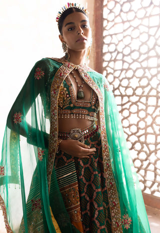 Dark Green Bandhani Banarasi Lehenga Set by Aditi Gupta available on Indiaspopup.com