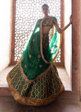 Dark Green Bandhani Banarasi Lehenga Set by Aditi Gupta available on Indiaspopup.com