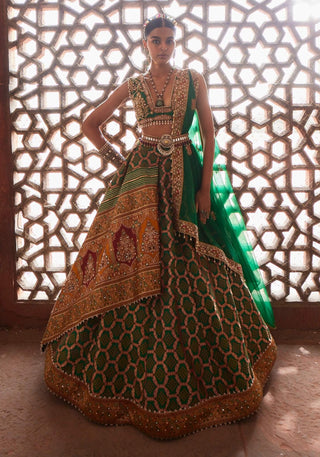 Dark Green Bandhani Banarasi Lehenga Set by Aditi Gupta available on Indiaspopup.com