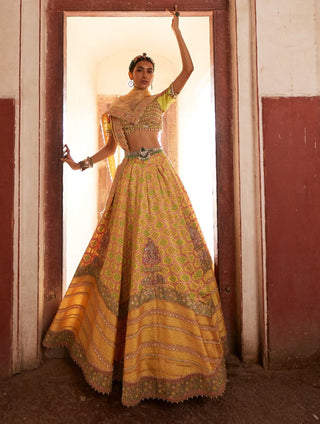 Yellow Bandhani Banarasi Lehenga Set by Aditi Gupta available on Indiaspopup.com