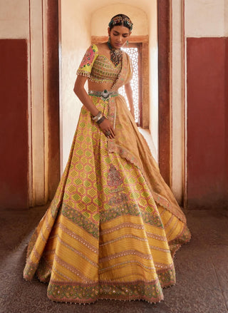 Yellow Bandhani Banarasi Lehenga Set by Aditi Gupta available on Indiaspopup.com