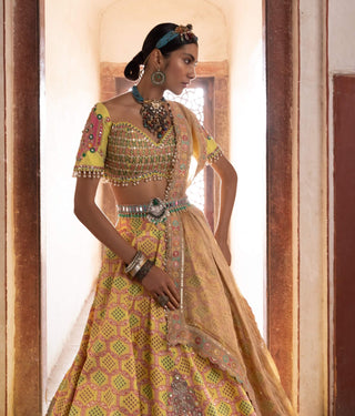 Yellow Bandhani Banarasi Lehenga Set by Aditi Gupta available on Indiaspopup.com