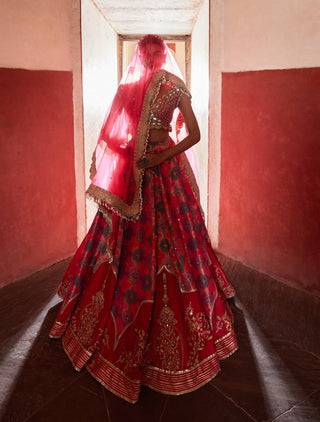 Coral Banarsi Chanderi Lehenga Set by Aditi Gupta available on Indiaspopup.com