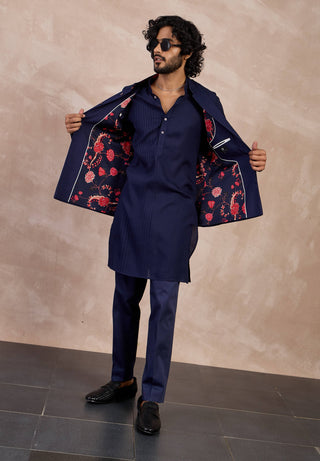 Arjan Dugal Navy Basic Pintucks Nehru Jacket Set available on indiaspopup