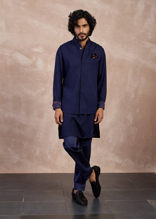 Arjan Dugal Navy Basic Pintucks Nehru Jacket Set available on indiaspopup