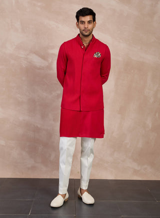 Red basic pintucks nehru jacket set