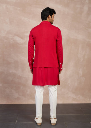 Red basic pintucks nehru jacket set