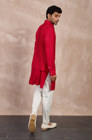 Arjan Dugal Red Basic Pintucks Nehru Jacket Set available on indiaspopup