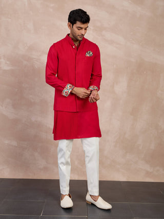 Arjan Dugal Red Basic Pintucks Nehru Jacket Set available on indiaspopup