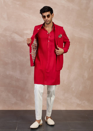 Red basic pintucks nehru jacket set