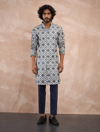 Arjan Dugal Ivory And Charcoal Dice Front Open Edge Cut Kurta Set available on indiaspopup