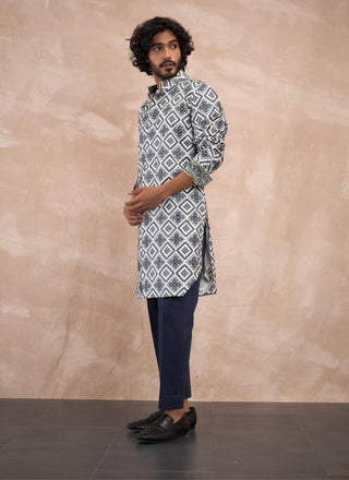 Arjan Dugal Ivory And Charcoal Dice Front Open Edge Cut Kurta Set available on indiaspopup