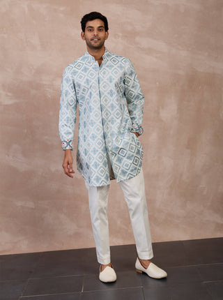 Arjan Dugal Ivory And Powder Blue Dice Front Open Edge Cut Kurta Set available on indiaspopup