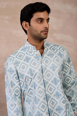 Arjan Dugal Ivory And Powder Blue Dice Front Open Edge Cut Kurta Set available on indiaspopup