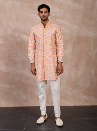 Arjan Dugal Peach And Ivory Dice Front Open Edge Cut Kurta Set available on indiaspopup