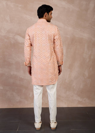 Arjan Dugal Peach And Ivory Dice Front Open Edge Cut Kurta Set available on indiaspopup