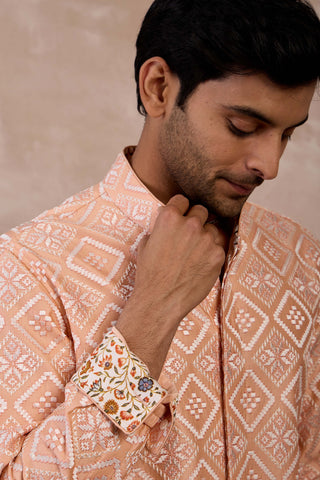 Arjan Dugal Peach And Ivory Dice Front Open Edge Cut Kurta Set available on indiaspopup