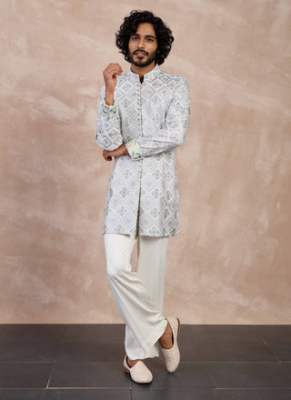 Arjan Dugal Gray And Ivory Dice Full Lupi Button Kurta Set available on indiaspopup