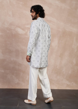 Arjan Dugal Gray And Ivory Dice Full Lupi Button Kurta Set available on indiaspopup