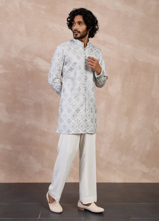 Arjan Dugal Gray And Ivory Dice Full Lupi Button Kurta Set available on indiaspopup