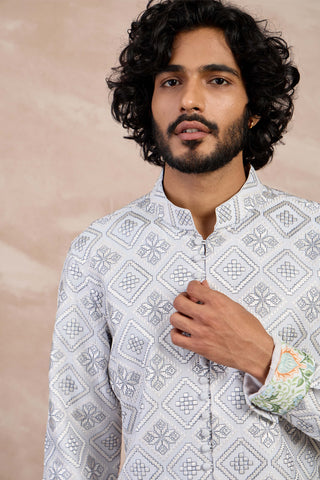 Arjan Dugal Gray And Ivory Dice Full Lupi Button Kurta Set available on indiaspopup