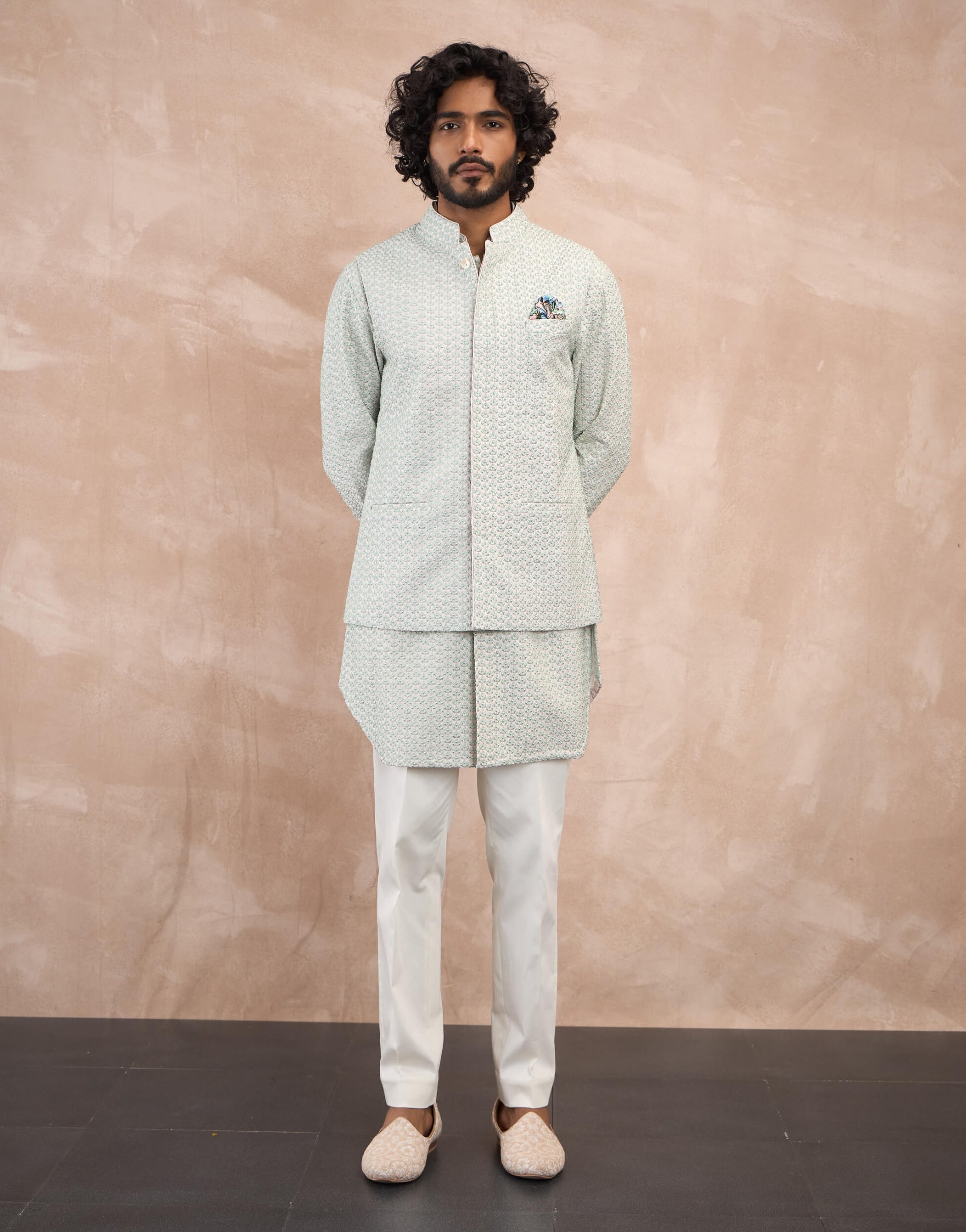 Arjan Dugal Sea Green And Powder Pink Inara Nehru Jacket Set | Indiaspopup 2XL Arjan Dugal Sea Green And Powder Pink Inara Nehru Jacket Set | Indiaspopup 2XL