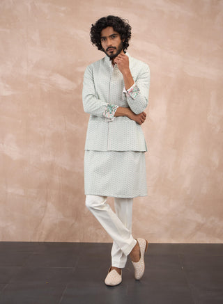 Arjan Dugal Sea Green And Powder Pink Inara Nehru Jacket Set available on indiaspopup