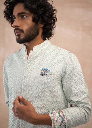 Arjan Dugal Sea Green And Powder Pink Inara Nehru Jacket Set available on indiaspopup