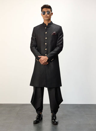 Arjan Dugal Black Inara Achkan Set available on indiaspopup