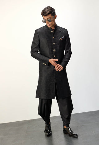 Arjan Dugal Black Inara Achkan Set available on indiaspopup