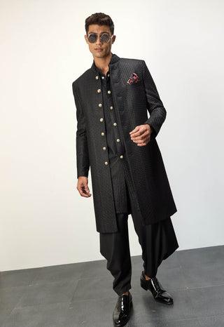 Arjan Dugal Black Inara Achkan Set available on indiaspopup