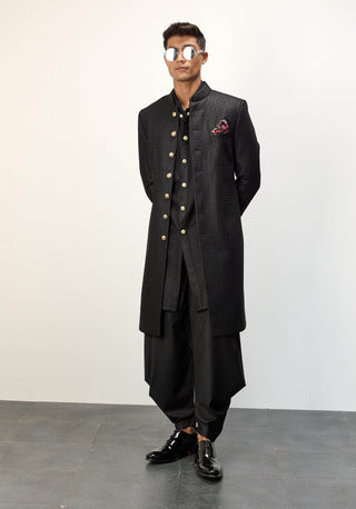 Arjan Dugal Black Inara Achkan Set available on indiaspopup