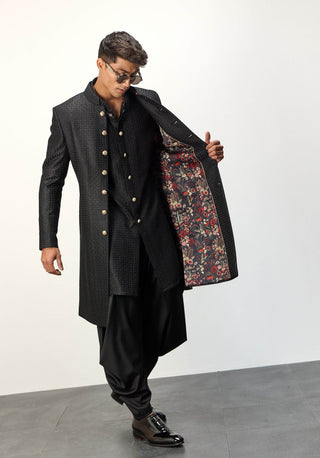 Arjan Dugal Black Inara Achkan Set available on indiaspopup