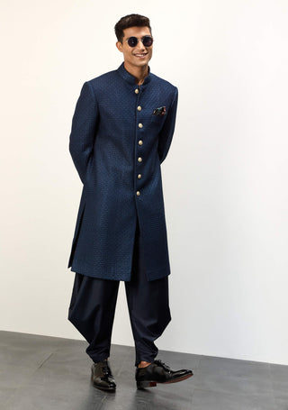 Arjan Dugal Navy Blue Inara Achkan Set available on indiaspopup