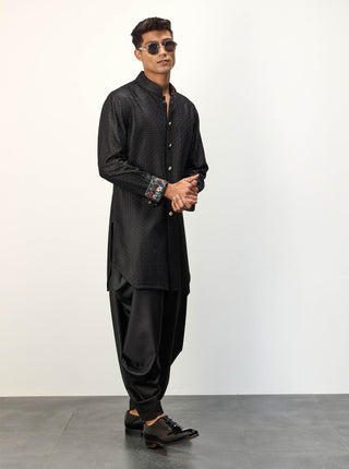 Arjan Dugal Black Inara Foe Kurta Set available on indiaspopup