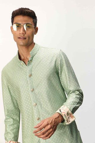 Arjan Dugal Sage Green Inara Foe Kurta Set available on indiaspopup