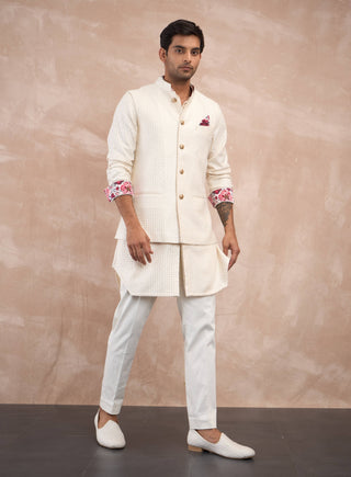 Arjan Dugal Off-White Inara Nehru Jacket Set available on indiaspopup