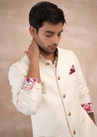 Arjan Dugal Off-White Inara Nehru Jacket Set available on indiaspopup