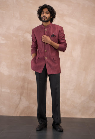 Arjan Dugal Burgundy Inara Motif Bandhgala Set available on indiaspopup